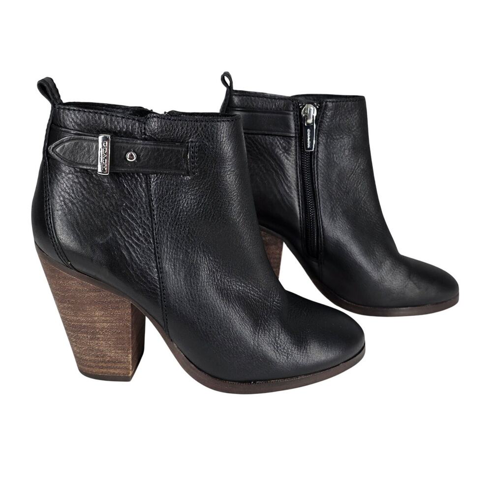 COACH HEWES BLACK LEATHER ANKLE BOOT SIDE ZIP WOOD HEEL WOMEN'S SIZE 5B A6841